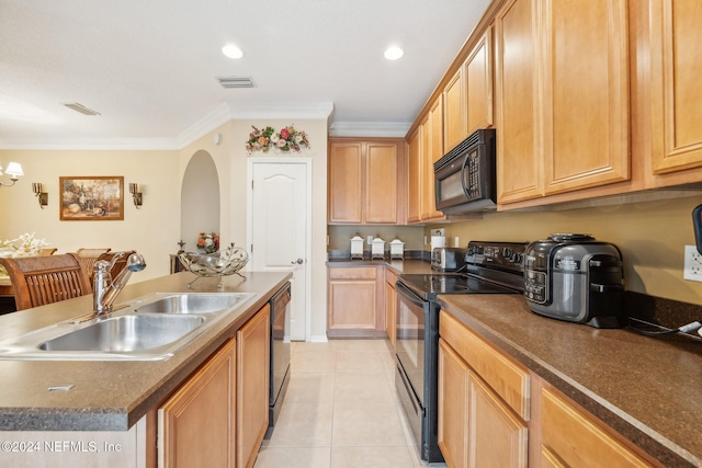 5346 Brighton Park Ln, Jacksonville, FL 32210 - kitchen with black appliances, a sink, ornamental molding, light tile patterned floors, and dark countertops