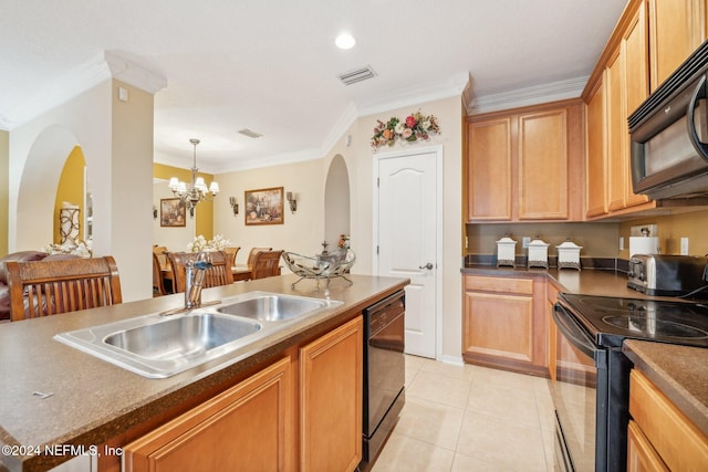 5346 Brighton Park Ln, Jacksonville, FL 32210 - kitchen featuring black appliances, a sink, crown molding, arched walkways, and light tile patterned floors