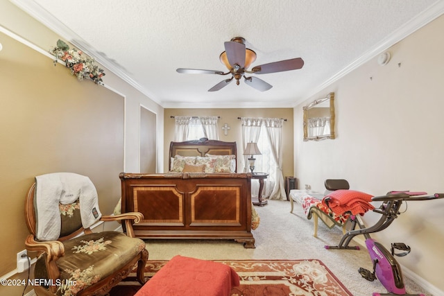 5346 Brighton Park Ln, Jacksonville, FL 32210 - bedroom with ornamental molding, light colored carpet, a textured ceiling, and ceiling fan