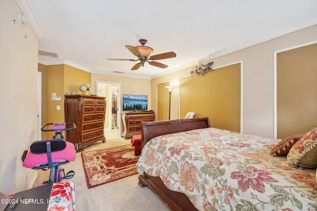 5346 Brighton Park Ln, Jacksonville, FL 32210 - bedroom featuring carpet, ornamental molding, ceiling fan, and connected bathroom