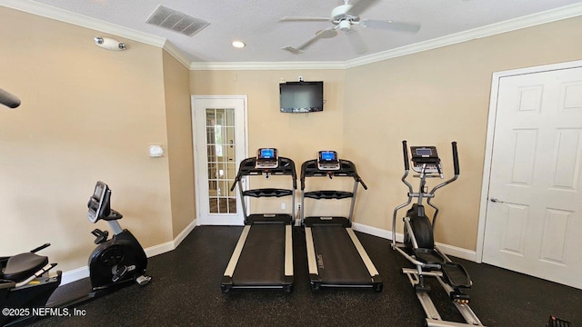 4480 Deerwood Lake Pkwy Unit 633, Jacksonville, FL 32216 - workout area with a ceiling fan, baseboards, crown molding, and recessed lighting