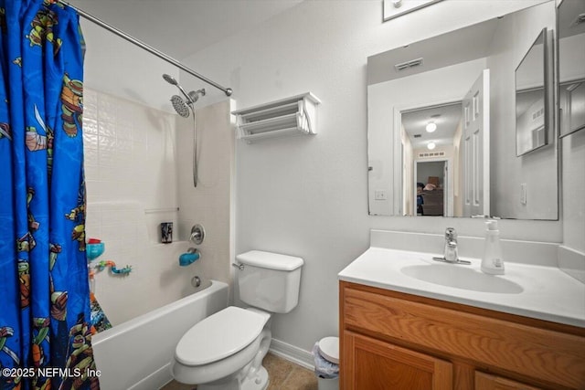 12 Roxland Ln, Palm Coast, FL 32164 - bathroom with shower / tub combo, vanity, toilet, baseboards, and tile patterned floors