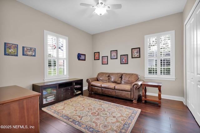 104 Hickory Hill Dr, Saint Augustine, FL 32095 - living area featuring a ceiling fan and dark wood-style flooring