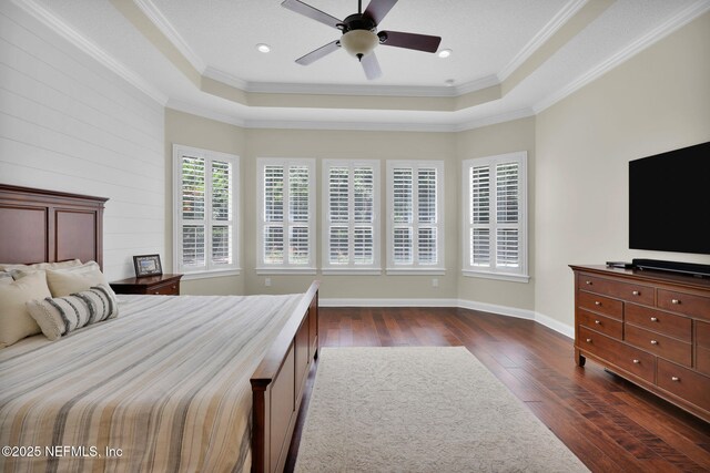 104 Hickory Hill Dr, Saint Augustine, FL 32095 - bedroom with dark wood-type flooring, a raised ceiling, ornamental molding, recessed lighting, and a ceiling fan