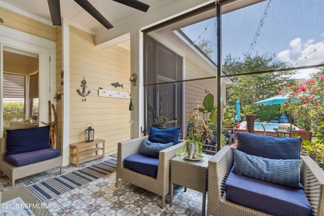 1743 Azalea St, Fernandina Beach, FL 32034 - sunroom featuring ceiling fan, healthy amount of natural light, and beamed ceiling