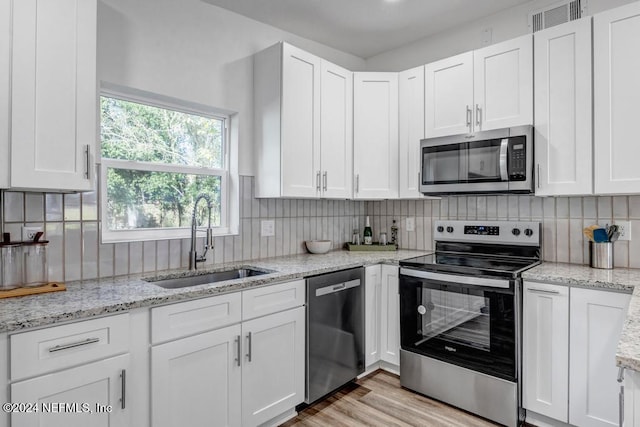 1821 Wofford Ave, Jacksonville, FL 32218 - kitchen with stainless steel appliances, a sink, white cabinets, and backsplash