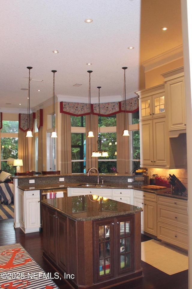 204 Stonewell Dr, Saint Johns, FL 32259 - kitchen with a sink, ornamental molding, a center island, glass insert cabinets, and dark wood finished floors