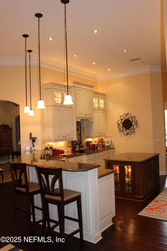 204 Stonewell Dr, Saint Johns, FL 32259 - kitchen with a peninsula, glass insert cabinets, dark wood-style floors, decorative backsplash, and crown molding