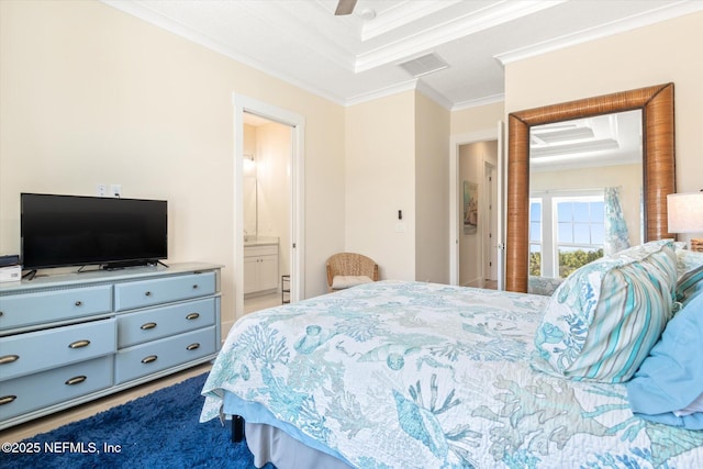125 5th St, Saint Augustine, FL 32080 - bedroom featuring crown molding, connected bathroom, ceiling fan, and carpet flooring