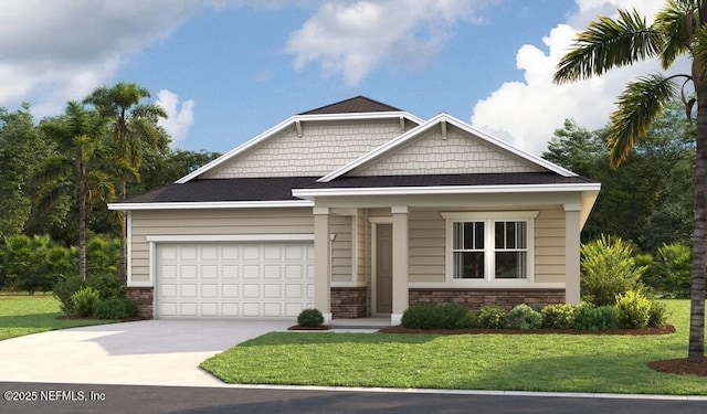228 Thornberry Way, Palm Coast, FL 32164 - craftsman-style house featuring concrete driveway, a front lawn, stone siding, and a garage