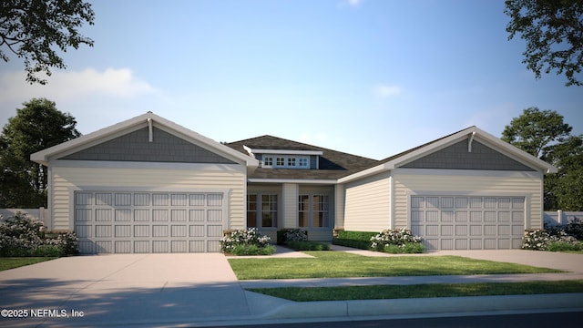 4368 Sun Garden Dr, Jacksonville, FL 32257 - view of front facade featuring a garage, concrete driveway, a front yard, and a shingled roof
