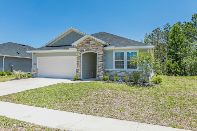 1305 Panther Lk Parkway, Jacksonville, FL 32221 - craftsman inspired home with stone siding, an attached garage, driveway, and a front lawn
