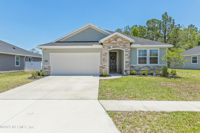 1305 Panther Lk Parkway, Jacksonville, FL 32221 - craftsman-style home with stone siding, a garage, a front yard, and concrete driveway