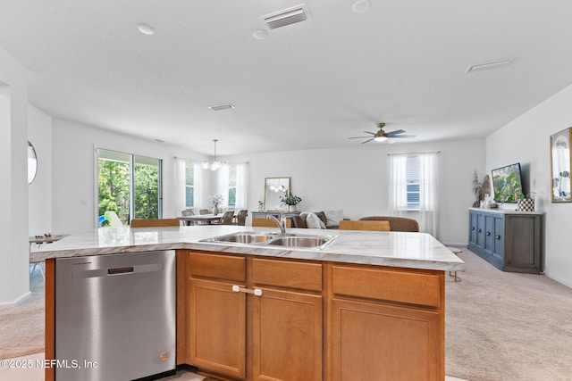 1305 Panther Lk Parkway, Jacksonville, FL 32221 - kitchen featuring stainless steel dishwasher, a sink, open floor plan, light carpet, and ceiling fan