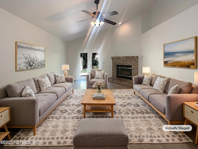 624 Staffordshire Dr, Jacksonville, FL 32225 - living room with ceiling fan, a fireplace, and high vaulted ceiling