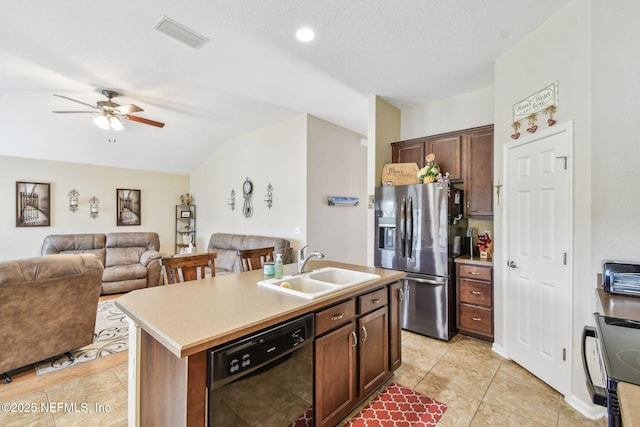 104 Twin Lakes Dr, Saint Augustine, FL 32084 - kitchen with black appliances, a sink, open floor plan, a ceiling fan, and lofted ceiling