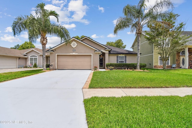 104 Twin Lakes Dr, Saint Augustine, FL 32084 - view of front of home with an attached garage, stucco siding, concrete driveway, and a front lawn