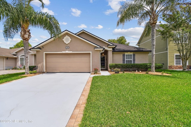 104 Twin Lakes Dr, Saint Augustine, FL 32084 - view of front facade featuring stucco siding, an attached garage, concrete driveway, and a front lawn