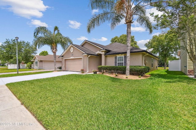 104 Twin Lakes Dr, Saint Augustine, FL 32084 - view of front of home with driveway, a garage, stucco siding, and a front lawn