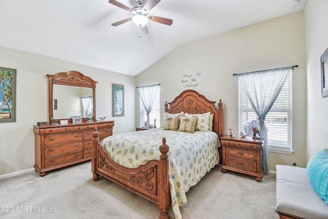 104 Twin Lakes Dr, Saint Augustine, FL 32084 - bedroom with light colored carpet, lofted ceiling, ceiling fan, and baseboards