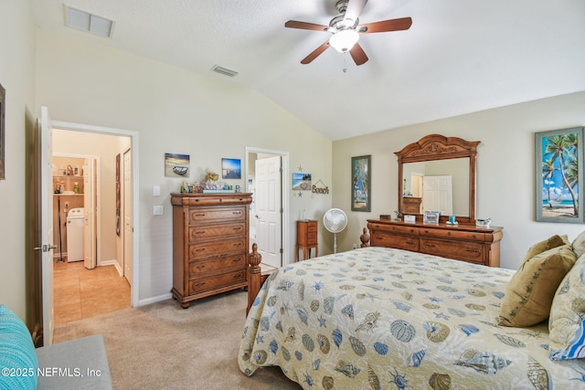 104 Twin Lakes Dr, Saint Augustine, FL 32084 - bedroom featuring lofted ceiling, light colored carpet, ceiling fan, and baseboards