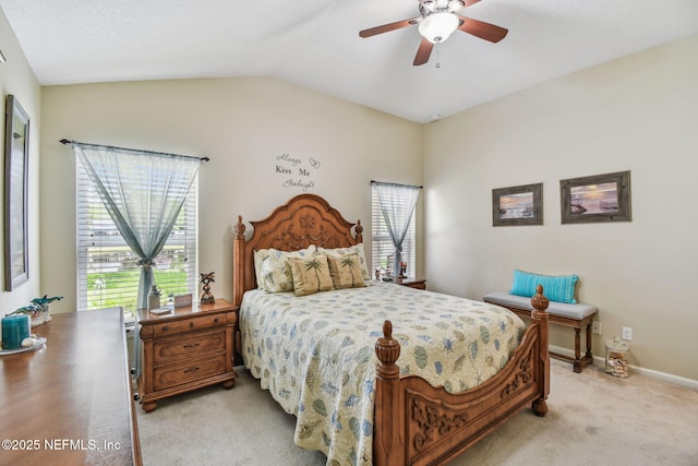 104 Twin Lakes Dr, Saint Augustine, FL 32084 - bedroom featuring multiple windows, light carpet, lofted ceiling, and a ceiling fan