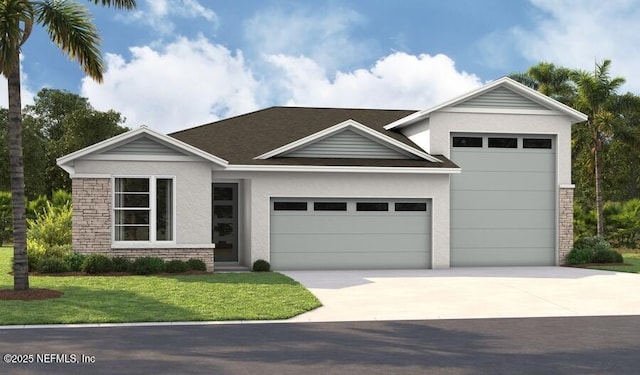 9226 Players Dr, Weeki Wachee, FL 34613 - view of front of home featuring stucco siding, an attached garage, driveway, a front lawn, and stone siding