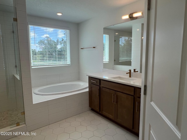 96124 Pirates Bluff Rd, Yulee, FL 32097 - bathroom featuring vanity, a bath, tile patterned floors, and a shower stall
