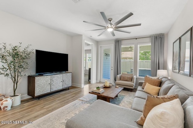 9789 Intellect Trl, Jacksonville, FL 32256 - living area with wood finished floors, ceiling fan, and baseboards