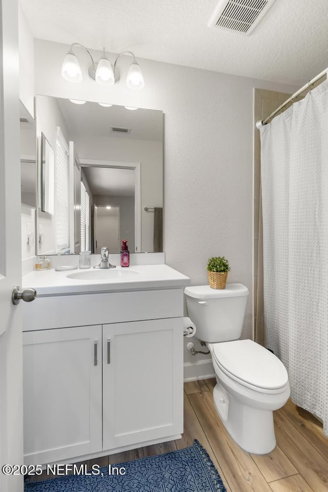 9789 Intellect Trl, Jacksonville, FL 32256 - bathroom with toilet, vanity, wood finished floors, a shower with shower curtain, and a textured wall