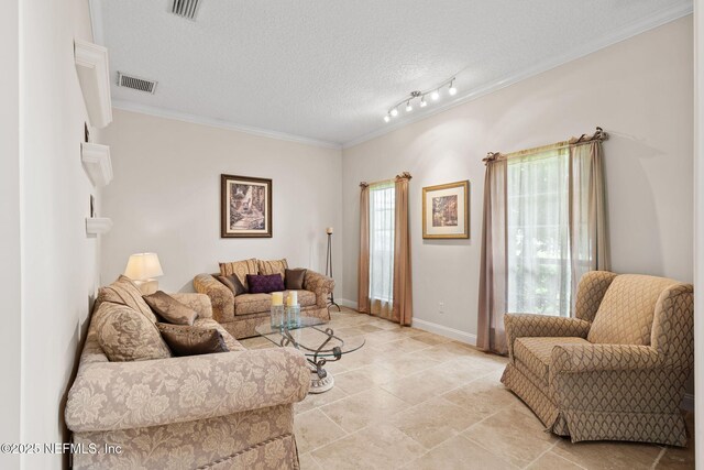 1159 Eastwood Branch Dr, Saint Johns, FL 32259 - living area with a textured ceiling, plenty of natural light, ornamental molding, and baseboards