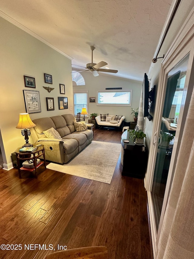 4026 Corrientes Ct E, Jacksonville, FL 32217 - living area featuring dark wood finished floors, ornamental molding, ceiling fan, and vaulted ceiling