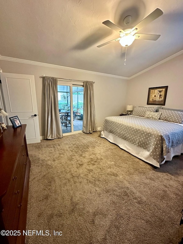 4026 Corrientes Ct E, Jacksonville, FL 32217 - bedroom featuring carpet floors, access to exterior, crown molding, baseboards, and a ceiling fan