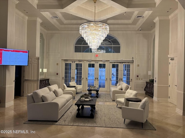 501 N Legacy Trl, Saint Augustine, FL 32092 - tiled living room with a towering ceiling, a chandelier, french doors, ornamental molding, and coffered ceiling
