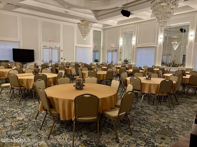 501 N Legacy Trl, Saint Augustine, FL 32092 - dining space featuring a decorative wall, coffered ceiling, ornamental molding, a chandelier, and beam ceiling
