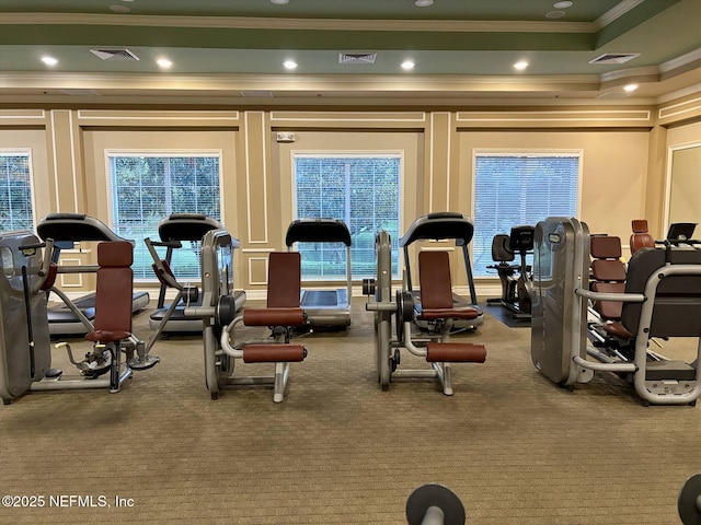 501 N Legacy Trl, Saint Augustine, FL 32092 - workout area with crown molding, carpet floors, a decorative wall, and recessed lighting
