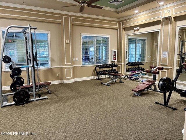 501 N Legacy Trl, Saint Augustine, FL 32092 - gym featuring crown molding, carpet flooring, and ceiling fan