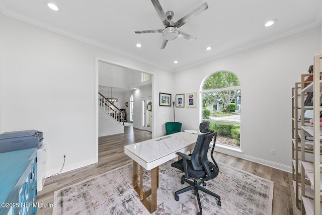 6547 Burnham Cir, Ponte Vedra Beach, FL 32082 - office featuring a ceiling fan, baseboards, wood finished floors, recessed lighting, and ornamental molding