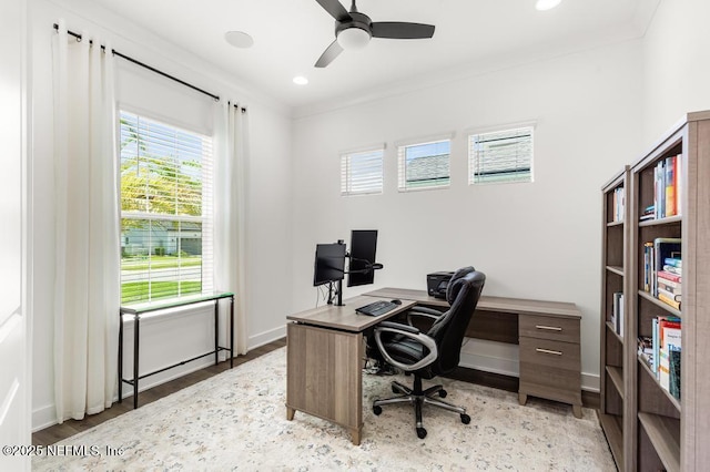 638 Windley Dr, Saint Augustine, FL 32092 - office featuring healthy amount of natural light, ceiling fan, light wood-style flooring, recessed lighting, and crown molding