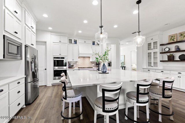 638 Windley Dr, Saint Augustine, FL 32092 - kitchen featuring appliances with stainless steel finishes, open shelves, white cabinets, backsplash, and recessed lighting