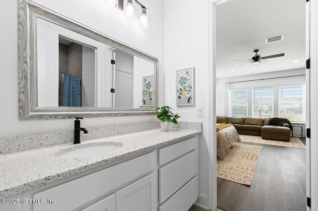 638 Windley Dr, Saint Augustine, FL 32092 - bathroom featuring vanity, wood finished floors, and ceiling fan