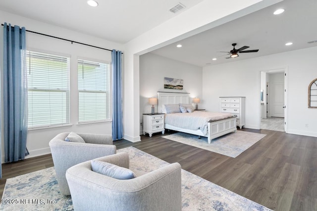 638 Windley Dr, Saint Augustine, FL 32092 - bedroom featuring baseboards, dark wood-style floors, recessed lighting, and ceiling fan
