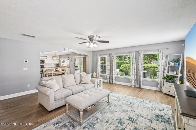 145 Thornloe Dr, Saint Johns, FL 32259 - living room featuring ceiling fan, baseboards, wood finished floors, and a textured ceiling
