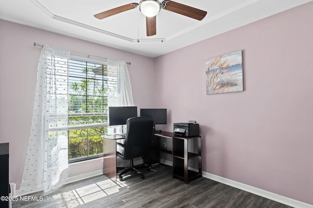 147 Quarton Dr, Orange Park, FL 32073 - home office featuring wood finished floors, ceiling fan, baseboards, and crown molding