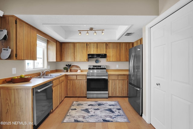 2898 Ocean Shore Blvd Unit 4020, Ormond Beach, FL 32176 - kitchen with appliances with stainless steel finishes, under cabinet range hood, a sink, a raised ceiling, and light wood finished floors