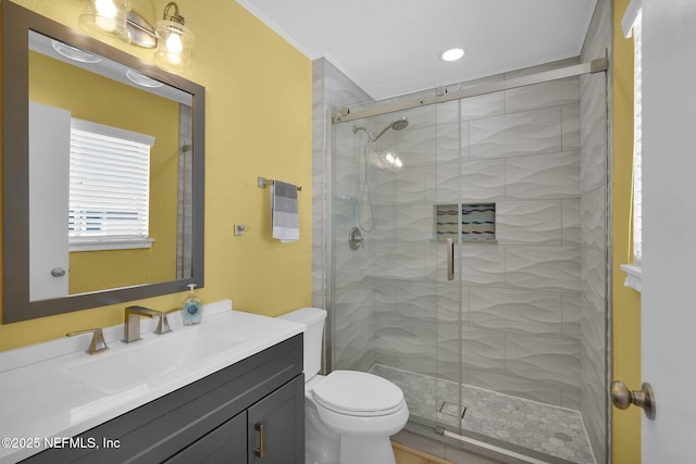 2898 Ocean Shore Blvd Unit 4020, Ormond Beach, FL 32176 - full bathroom featuring vanity, toilet, a shower stall, and recessed lighting