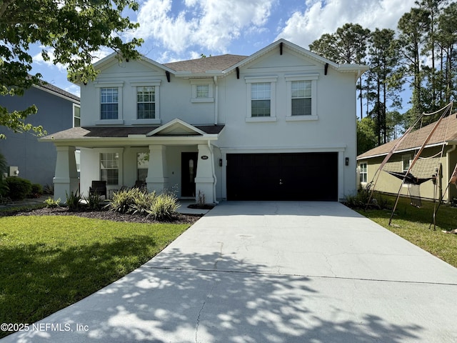 305 Carriage Hill Ct, Saint Johns, FL 32259 - traditional-style home featuring stucco siding, an attached garage, concrete driveway, a front lawn, and covered porch