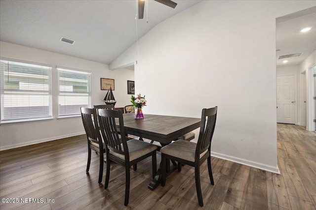 403 Boulder Ln, Jacksonville, FL 32259 - dining room featuring vaulted ceiling, baseboards, wood finished floors, a ceiling fan, and recessed lighting
