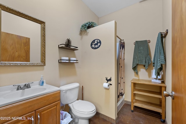 1895 Deer Run Rd, Saint Augustine, FL 32084 - bathroom featuring toilet, curtained shower, vanity, and baseboards