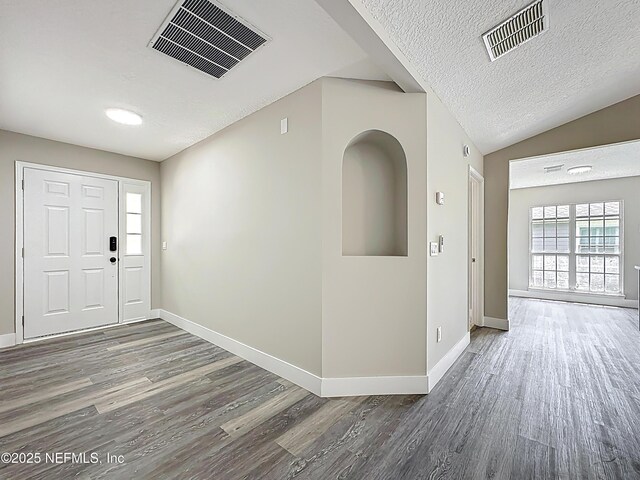 12406 Eagles Claw Ln, Jacksonville, FL 32225 - foyer entrance with wood finished floors, baseboards, a textured ceiling, and vaulted ceiling